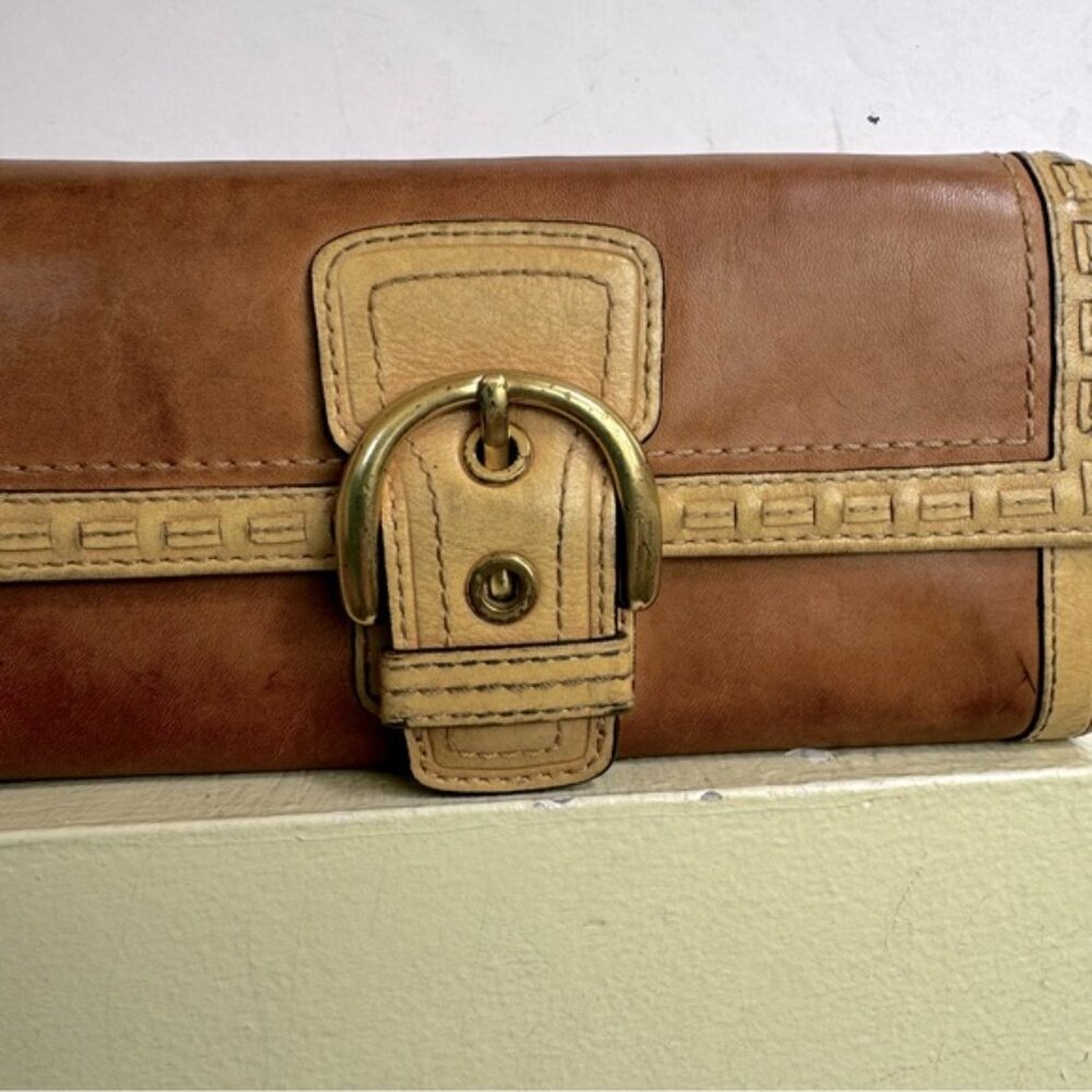 Coach Vintage Soho Leather Wallet Topstitch Neutral Buckle Logo Clutch Organizer - Picture 2 of 16
